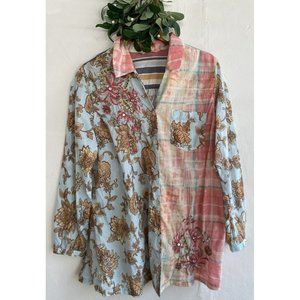 Soft Surroundings Button Up Tunic Top Beaded Rhinestone Floral Large Embroidered